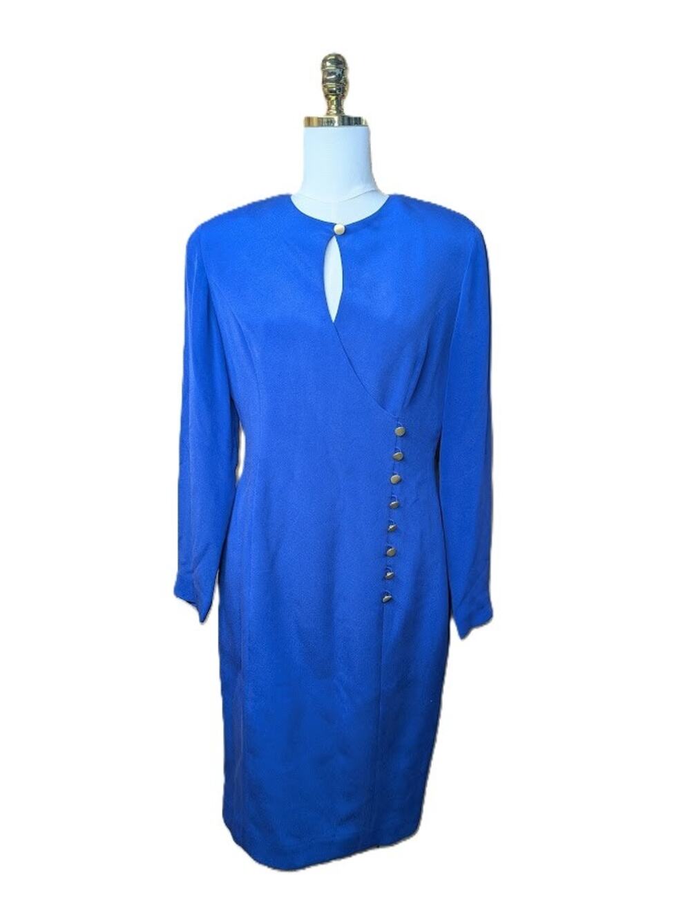 Vintage YL by Yair Bright Blue 100% Silk Dress w/ gold button accents Women sz 8